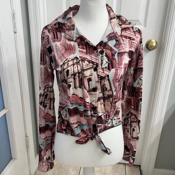 Architectural Print Button Down Blouse Women’s Size M • Tie Front • Long Sleeve - Picture 1 of 4